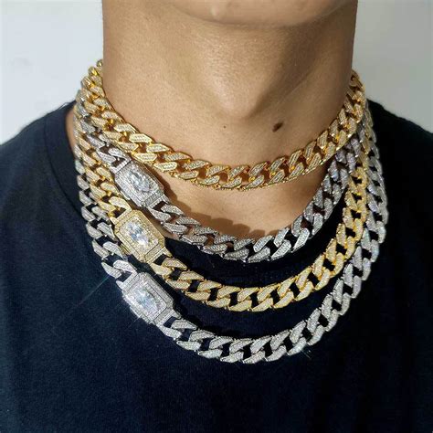 Men Hip Hop Prong Cuban Link Chain Necklace Bling Iced Miami Rhombus