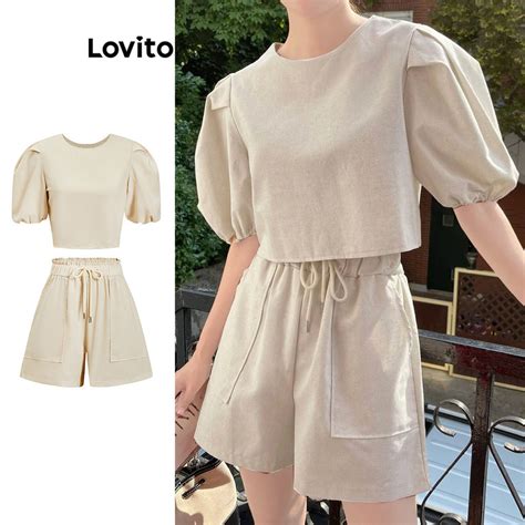 Lovito Women Casual Plain Drawstring Pleated Shorts Set L80ED049