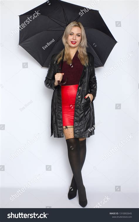 Full Length Portrait Blonde Woman Leather Stock Photo