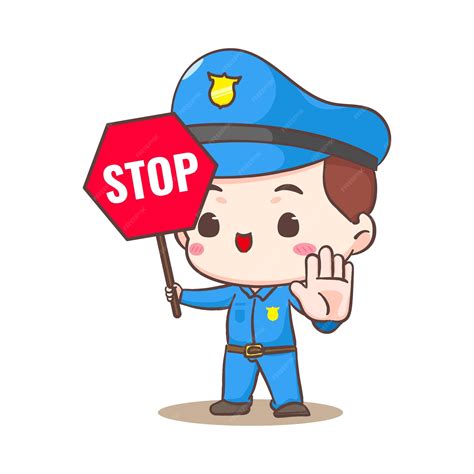 Premium Vector Cute Policeman Holding Stop Sign Cartoon Character