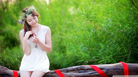 Women Model Looking Away Grass Outdoors Asian Sitting White