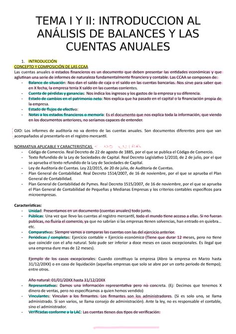 TEMA I Y II Introduccion AL Análisis DE Balances Y LAS Cuentas Anuales