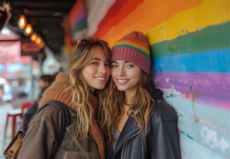 Retrato De Dos Chicas Lesbianas Sonrientes Frente A Una Pared Con Una Bandera Del Orgullo Gay