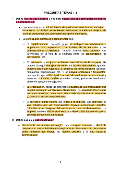 Preguntas TEMA 1 y 2 PREGUNTAS TEMAS 1 Define qué es una empresa y