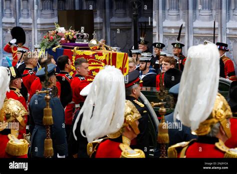 The coffin of Queen Elizabeth II with the Imperial State Crown resting ...