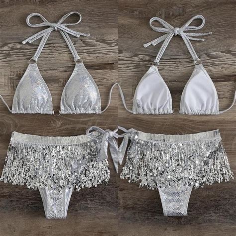 Sequin Bikini 3 Piece Set Co Ord Silver Sequin Depop