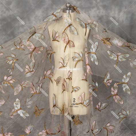 Sequinned Dragonfly Embroidery Nude Mesh Dress Fabric Oneyard