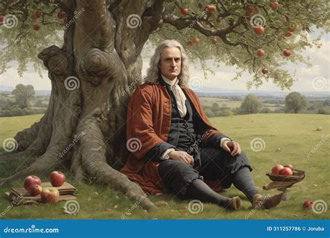 isaac newton  famous scientist sit  apple tree royalty