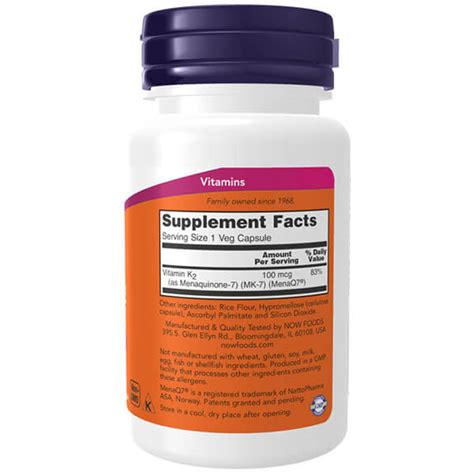 NOW Foods MK 7 Vitamin K 2 100 Mcg 60 Veggie Capsules Supports Bone