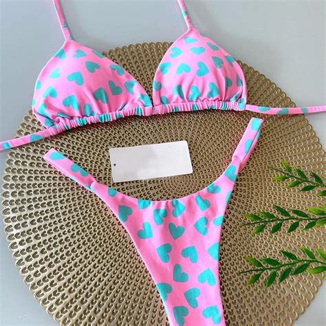 Swimwear Heart Print Women Sexy Brazilian Bikini Set Bathing Suits Thong Swimsuit High Waist