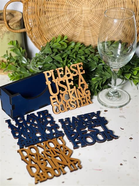 Wooden Funny Quote Coasters Coaster Holder Perfect Accessory For Your Home Bar Don T Fuck