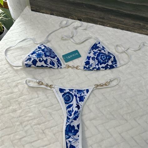 Tashehe Swim Nwt Tashehe Pearl Thong Brazilian Bikini Blue White Tie Triangle Top Bottom