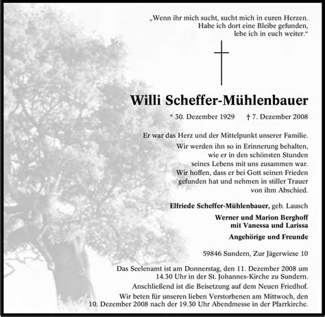 Traueranzeigen Von Willi Scheffer M Hlenbauer Trauer In Nrw De