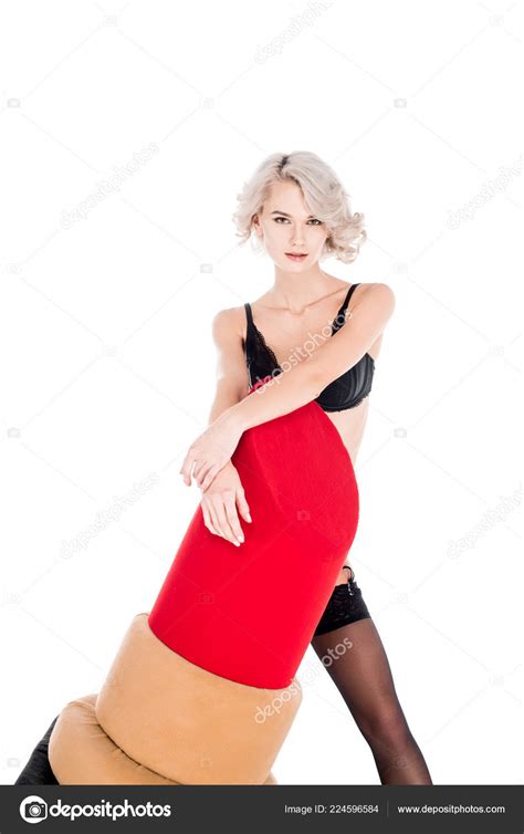 Seductive Beautiful Woman Lingerie Holding Big Red Lipstick Isolated White Free Stock Photo