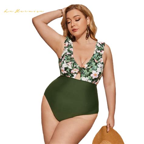 Sexy Bikini Plus Size Contrasting Print One Piece Bikini Green Color Suspenders High Waist