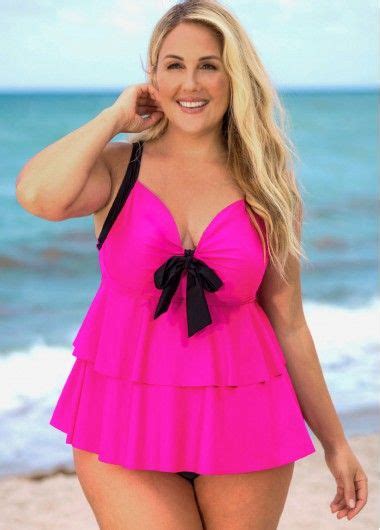 Layered Ruffle Hem Bowknot Plus Size Swimdress And Panty Red Season