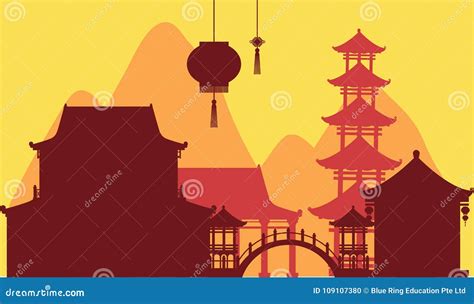 Chinese Theme Background with Temple Buildings Stock Vector ...