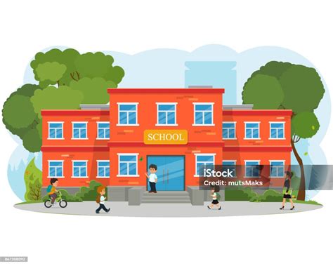 gedung sekolah  anakanak  halaman depan sekolah ilustrasi stok
