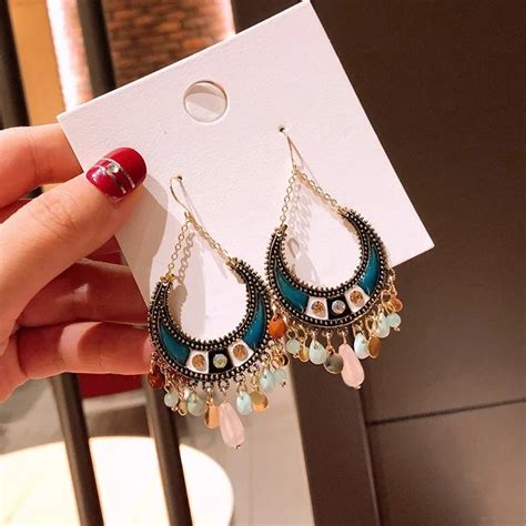 Big Bohemian Indian Ethnic Dangle Earrings Blue Long Tassle Boho