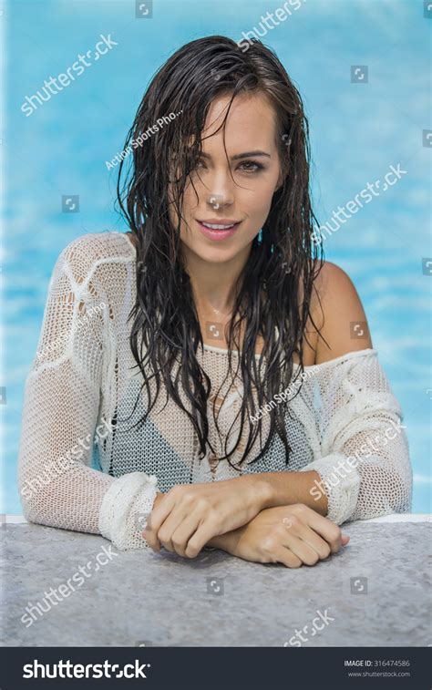 Brunette Model Swimming Pool Environment Stock Photo Shutterstock