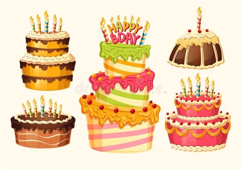 Collection Of Vector Cartoon Birthday Cakes With Candles Stock Vector Illustration Of Food