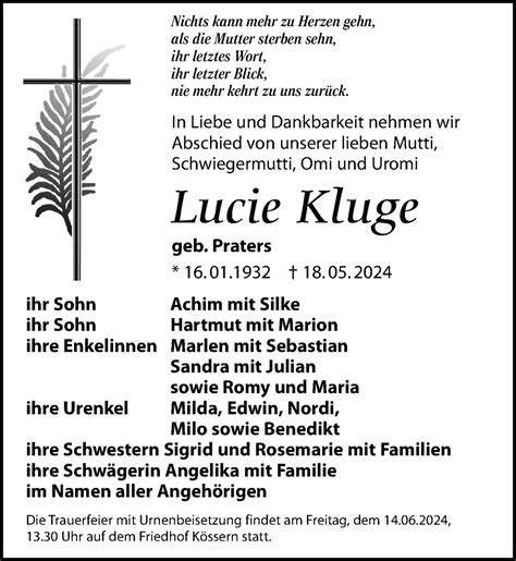 Traueranzeigen Von Lucie Kluge Trauer Anzeigen De