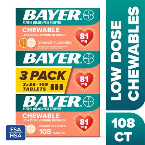 Bayer® Low Dose Chewable Aspirin Pain Reliever Orange Flavor Tablets ...