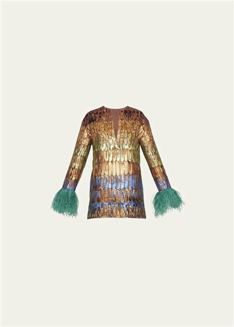 Buy Valentino Garavani Broccato Golden Wings Tunic Dress With Feather