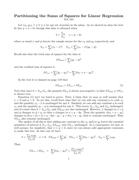 Partitioning The Sums Of Squares For Linear Regression