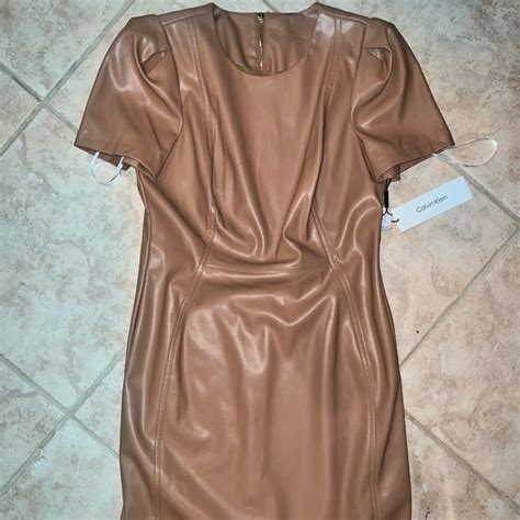 Calvin Klein Dresses Calvin Klein Short Sleeve Cream Faux Leather Sheath Dress Bodycon Nude