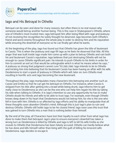 Iago and His Betrayal In Othello - Free Essay Example - 605 Words | PapersOwl.com