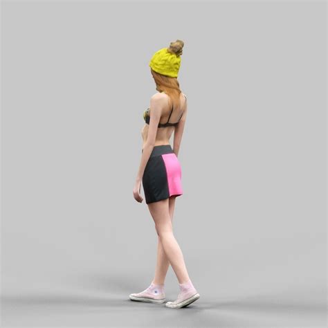 D Model Girl In Yellow Hat Purple Gloves Pink Skirt And Bikini Top Posed VR AR Low Poly
