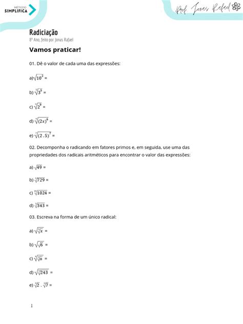 Radiciacao 8 Ano - Exercícios de Radiciação para 8º Ano | PDF