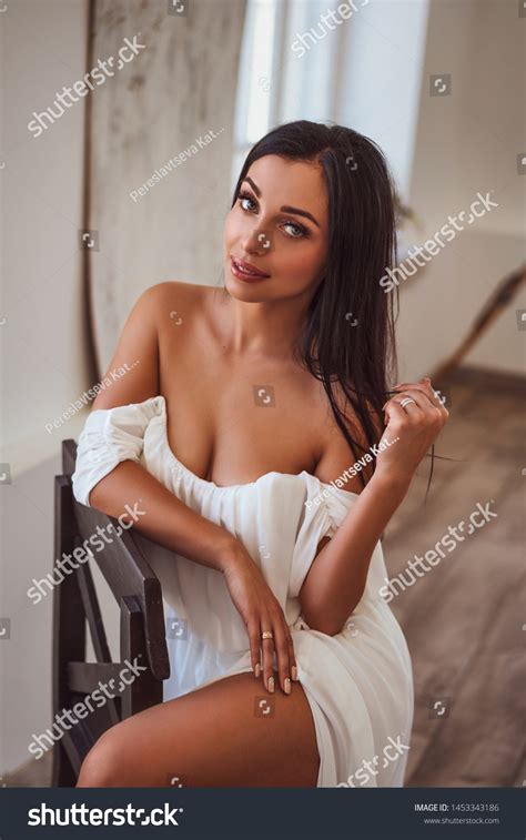 Sexy Brunette White Dress Sitting By Stock Photo Shutterstock