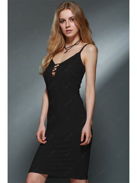 [29 Off] 2021 Spaghetti Strap Low Cut Sheath Dress In Black Zaful