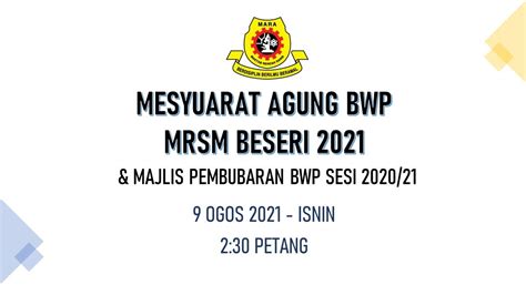 Mesyuarat Agung Bwp Mrsm Beseri 2021 Youtube