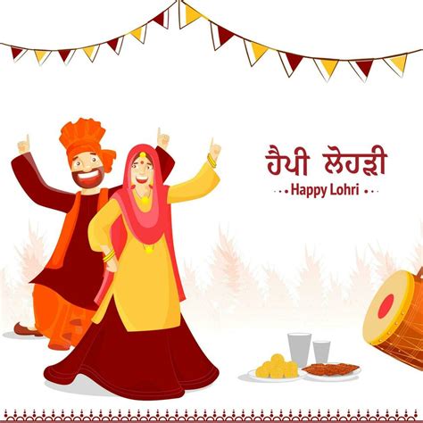 Happy Lohri Celebration Background With Punjabi Couple Doing Bhangra