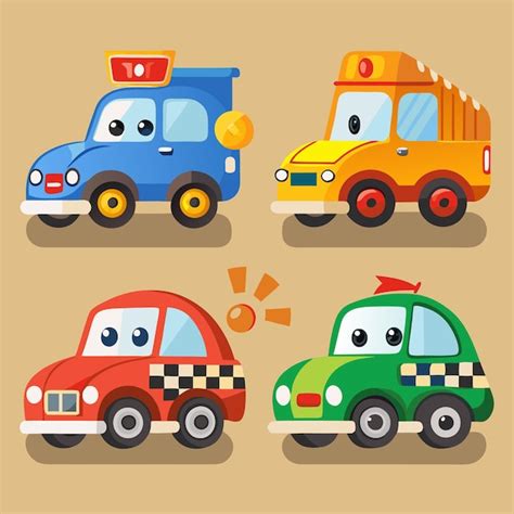 Ilustración de cuatro coches de dibujos animados en diferentes colores