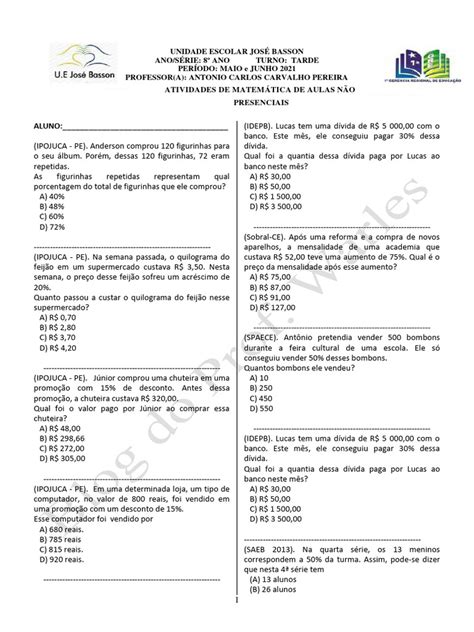 Atividades 8º Ano - Atividades de Matemática 8º Ano | PDF