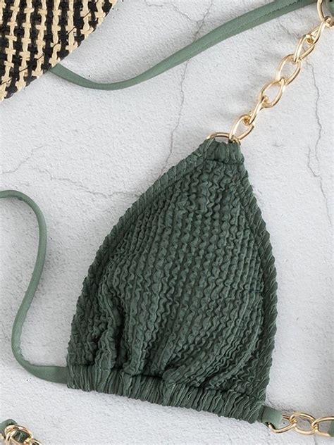 Emmiol Free Shipping 2025 Chain Strap Smocked Bikini Set Green S In Bikini Sets Online Store