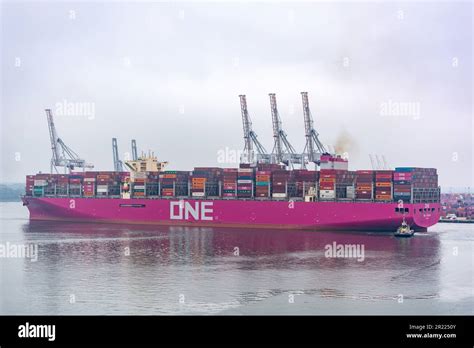 One Shipping Industry Container Terminals Container Ship Leaving Hi Res