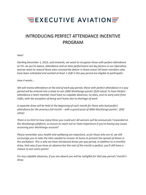 Introducing Perfect Attendance Incentive Program Pdf
