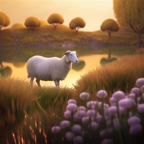 Premium Ai Image A Sheep Stands In A Field With Purple Flowers And A