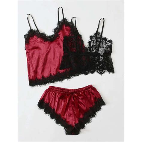 Pcs Sexy Red Wine Satin Sling Lingerie And Panty Set Lace Pajamas Suit N