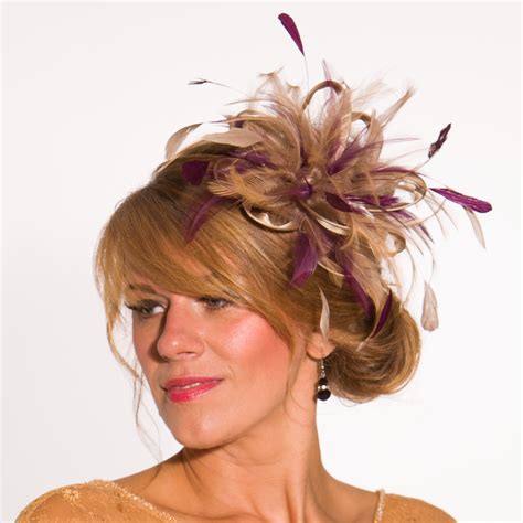 Taupe Nude Satin And Feathers With Aubergine Highlights Small Feather Fascinator Hat Abbie
