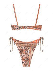 Zaful Ethnic Print Tie Side Monowire Bikini Swimwear In Coffee Zaful