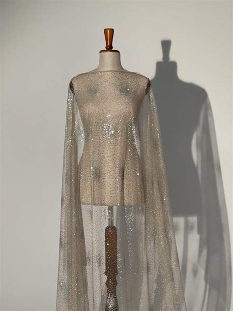 Silver Glitter On Soft Nude Mesh Fabric For Evening Dresses Ball