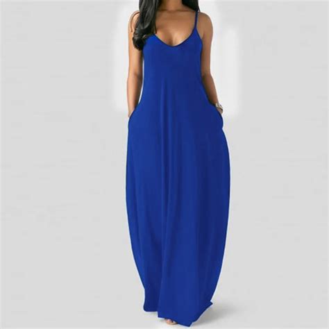 Sexy Dress Women Summer Plus Size Maxi Dresses Sleeveless O Neck Pockets Camis Strap Long Dress