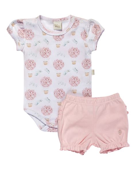 Conjunto Body Bebê Manga Curta Menina Short 100 Algodão Anjos Baby