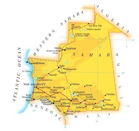 Mauritania road and physical map. Road and physical map of Mauritania ...